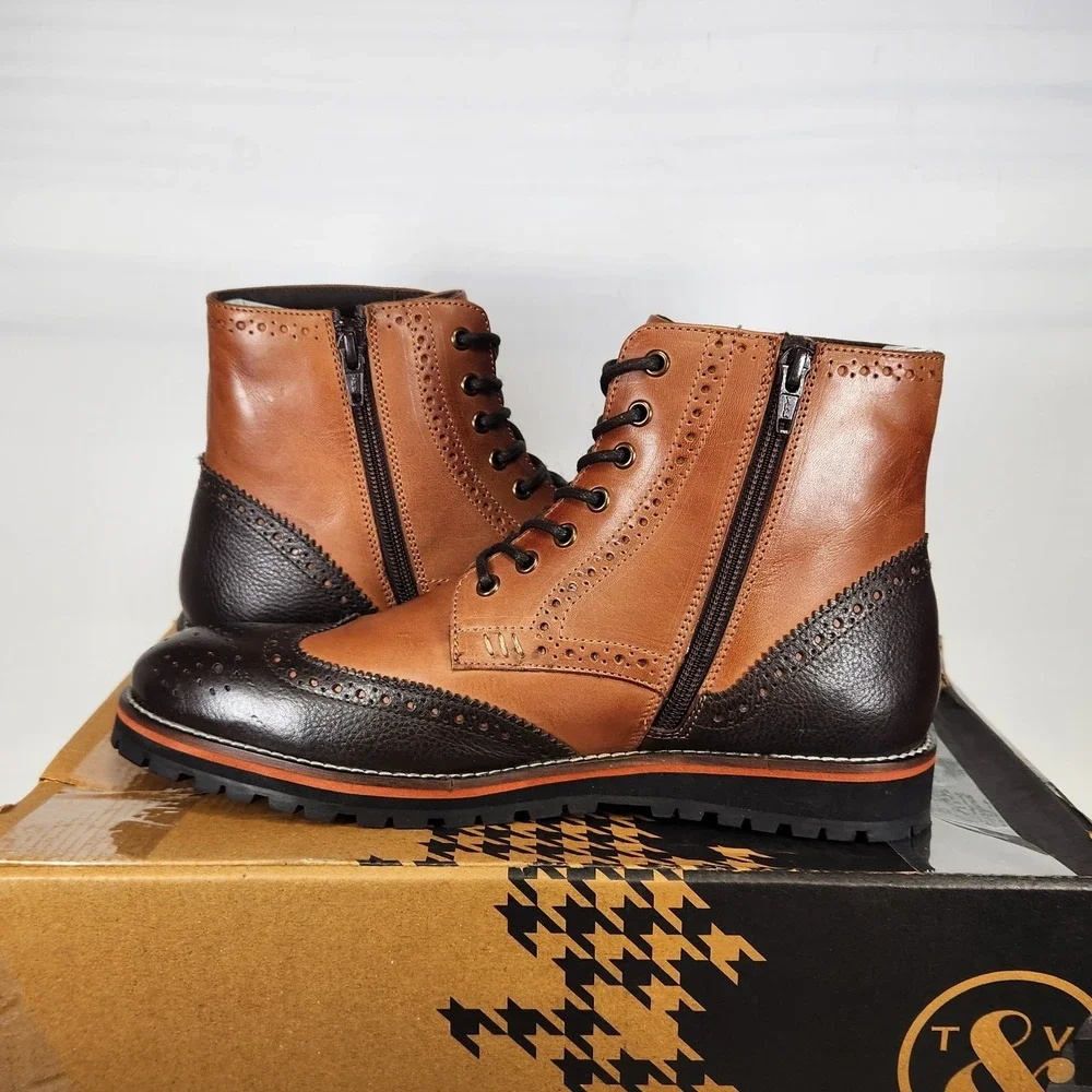 Thomas & Vine Elijah Boot Mens Size 8 Tan Two-Tone Leather Wingtip Brogue Zip Up